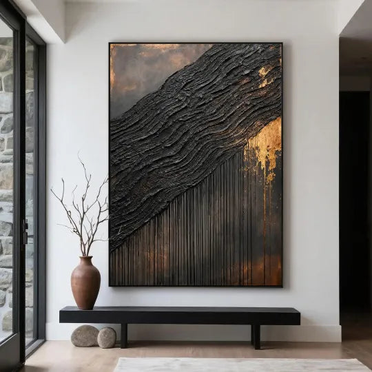 Gilded Tides – Black and Gold Textured Abstract Painting#ip0921003