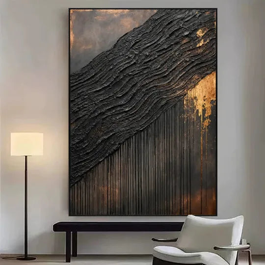 Gilded Tides – Black and Gold Textured Abstract Painting#ip0921003