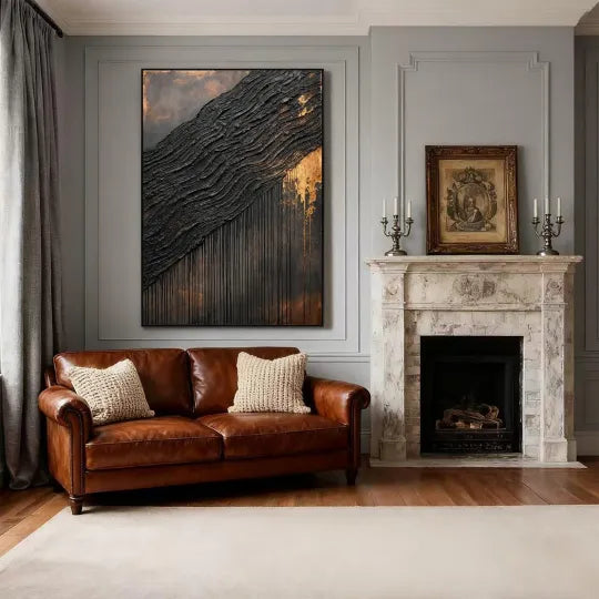 Gilded Tides – Black and Gold Textured Abstract Painting#ip0921003