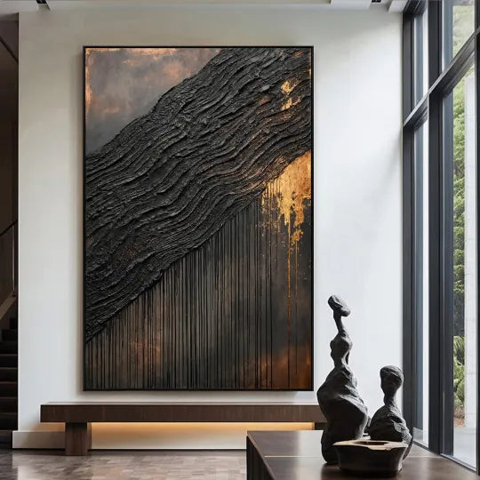 Gilded Tides – Black and Gold Textured Abstract Painting#ip0921003