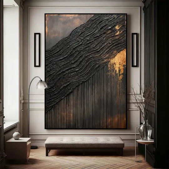 Gilded Tides – Black and Gold Textured Abstract Painting#ip0921003