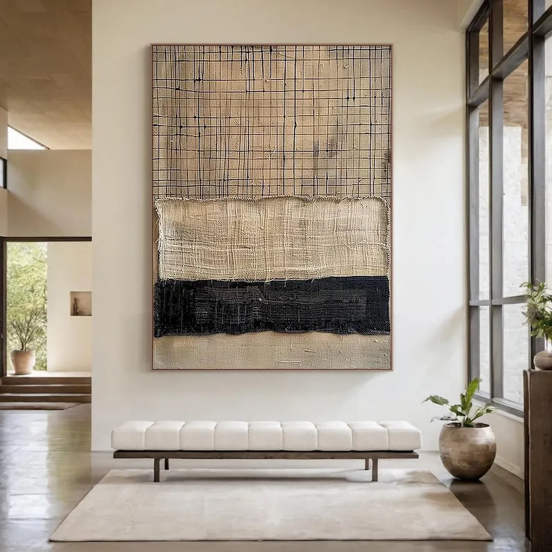 Woven Lines – Neutral Black and Beige Textured Abstract Painting#ip0921005