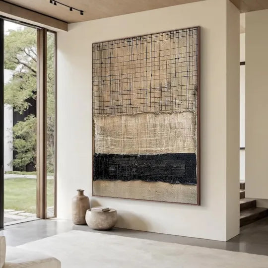 Woven Lines – Neutral Black and Beige Textured Abstract Painting#ip0921005