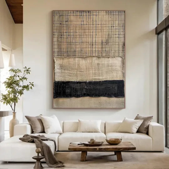 Woven Lines – Neutral Black and Beige Textured Abstract Painting#ip0921005