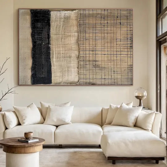 Woven Lines – Neutral Black and Beige Textured Abstract Painting#ip0921005
