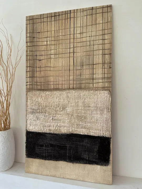 Woven Lines – Neutral Black and Beige Textured Abstract Painting#ip0921005