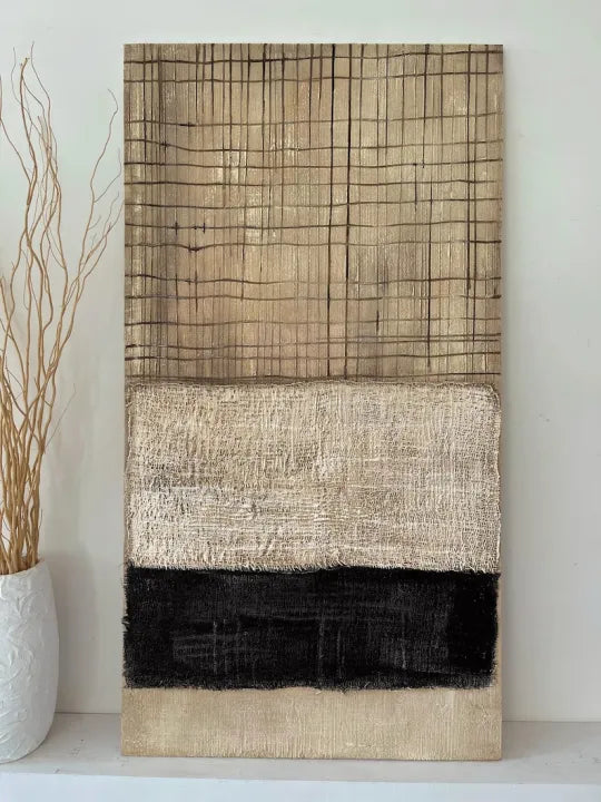 Woven Lines – Neutral Black and Beige Textured Abstract Painting#ip0921005