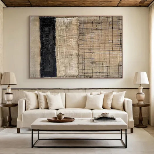 Woven Lines – Neutral Black and Beige Textured Abstract Painting#ip0921005