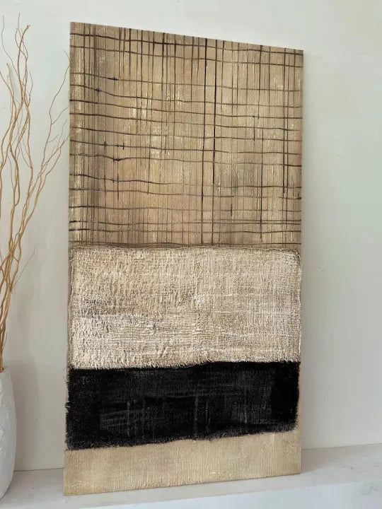 Woven Lines – Neutral Black and Beige Textured Abstract Painting#ip0921005