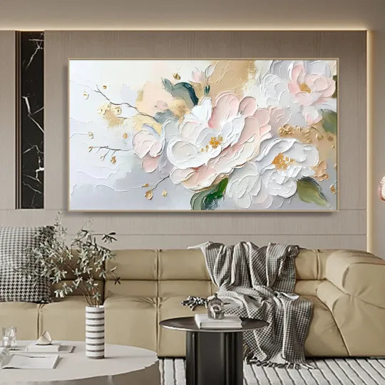 Blushing Petals – White and Pink Textured Floral Painting#ip0921009