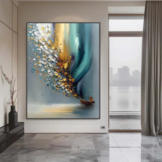Sailing into Light – Blue and Gold Textured Sailboat Painting#ip0921010