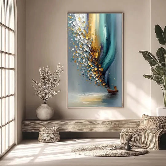 Sailing into Light – Blue and Gold Textured Sailboat Painting#ip0921010
