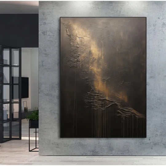Veil of Light – Black and Gold Textured Abstract Painting#ip0921017
