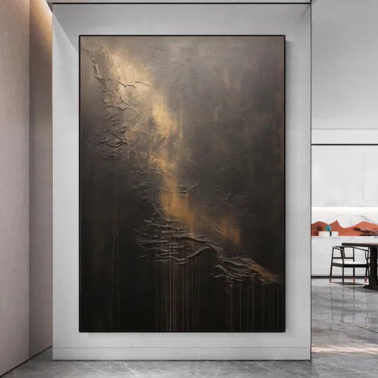 Veil of Light – Black and Gold Textured Abstract Painting#ip0921017