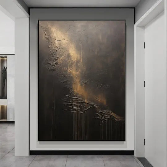 Veil of Light – Black and Gold Textured Abstract Painting#ip0921017