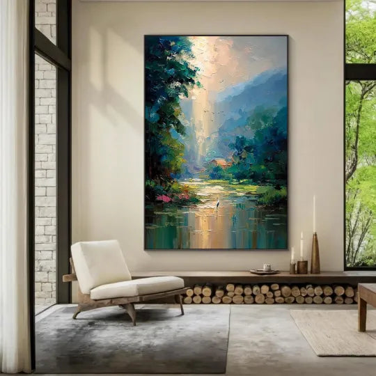 Valley of Light – Textured Forest River Oil Painting#ip0921021