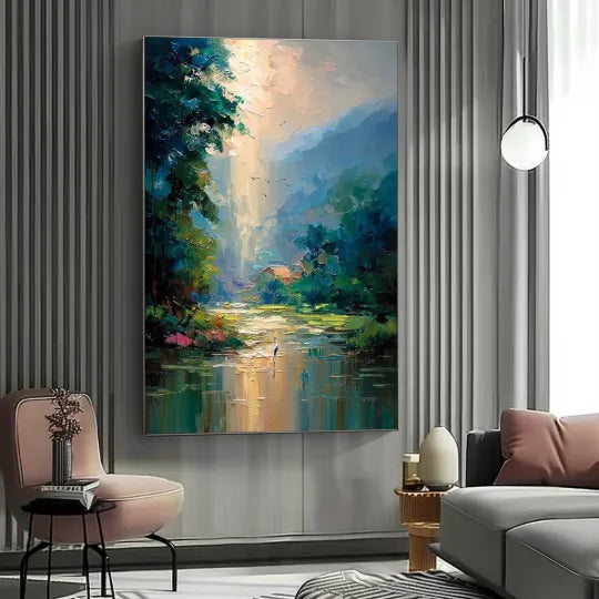 Valley of Light – Textured Forest River Oil Painting#ip0921021