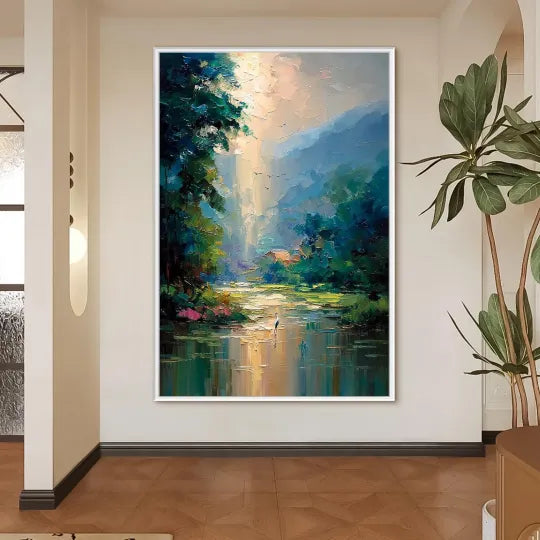 Valley of Light – Textured Forest River Oil Painting#ip0921021