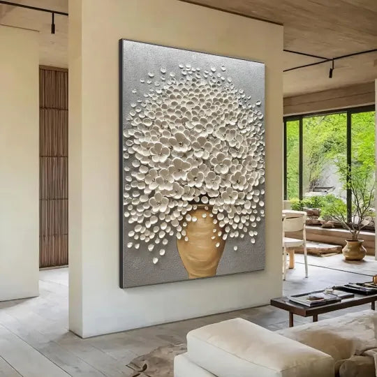 Golden Bloom – White Textured Floral Vase Painting#ip0921039