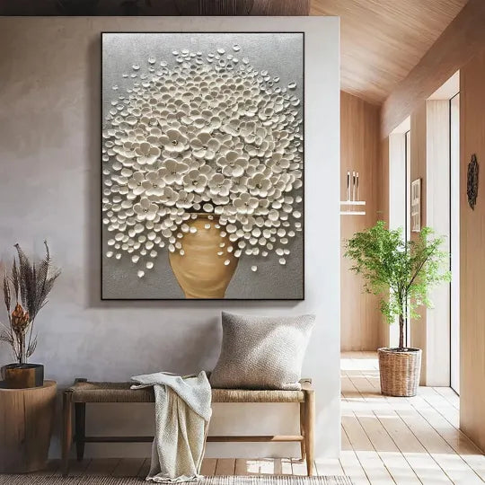 Golden Bloom – White Textured Floral Vase Painting#ip0921039