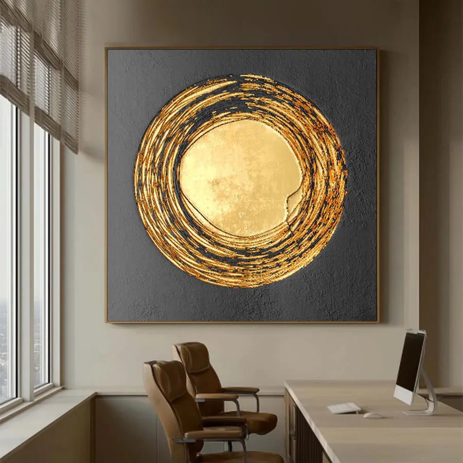 Golden Orbit – Black and Gold Textured Circle Painting#ip0921041