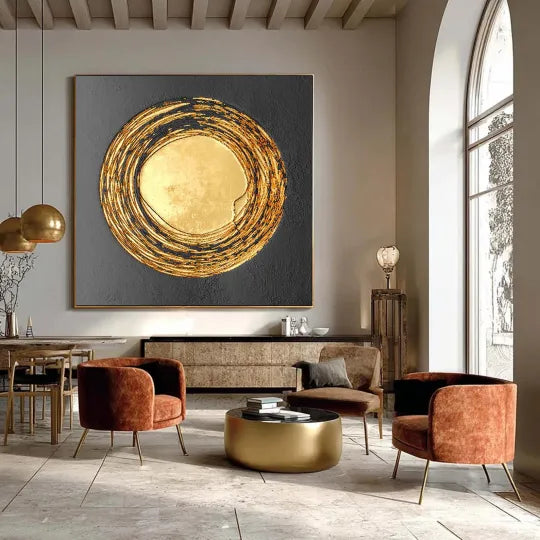 Golden Orbit – Black and Gold Textured Circle Painting#ip0921041