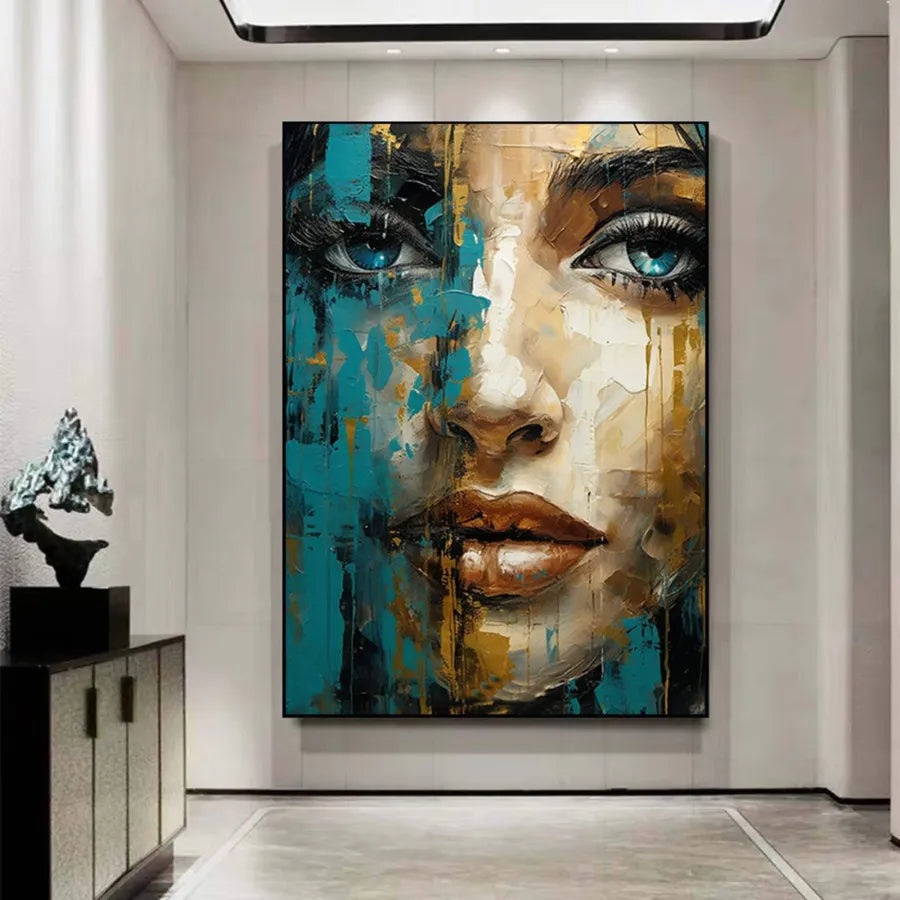 Turquoise Gaze – Teal and Gold Abstract Woman Portrait Wall Art#ip0921046