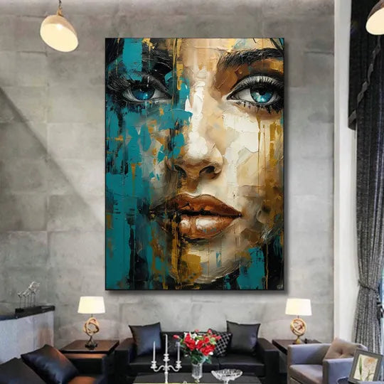 Turquoise Gaze – Teal and Gold Abstract Woman Portrait Wall Art#ip0921046
