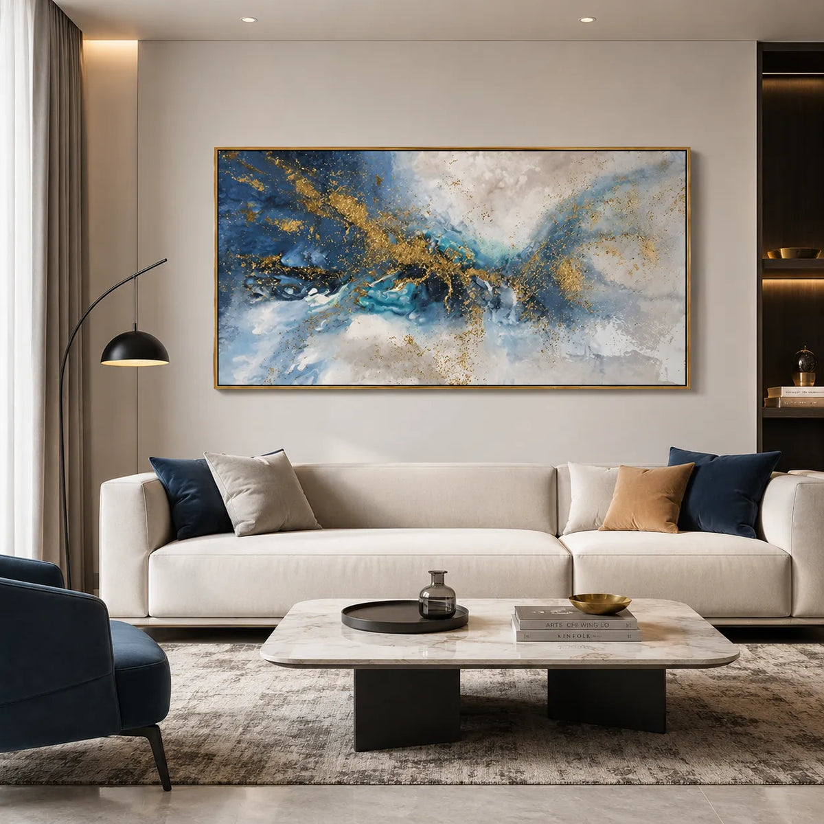 Gilded Current – Blue, White and Gold Abstract Wall Art#ip0921049