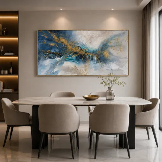 Gilded Current – Blue, White and Gold Abstract Wall Art#ip0921049