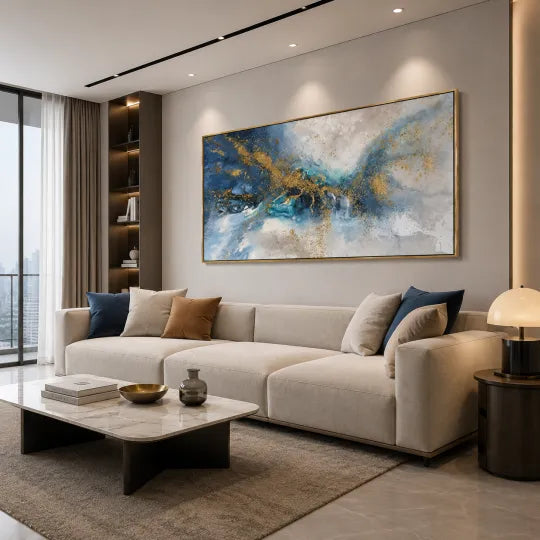 Gilded Current – Blue, White and Gold Abstract Wall Art#ip0921049