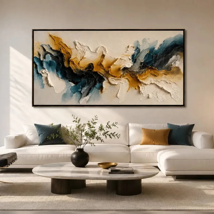 Gilded Fault Line – Navy and Gold Textured Abstract Wall Art#ip0921050