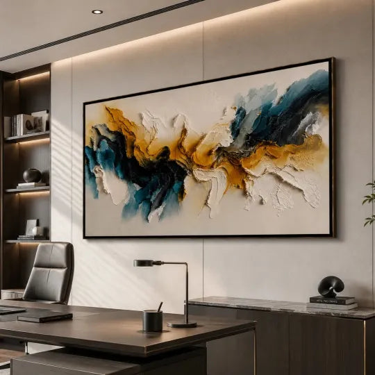 Gilded Fault Line – Navy and Gold Textured Abstract Wall Art#ip0921050
