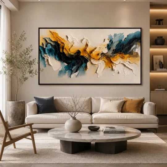 Gilded Fault Line – Navy and Gold Textured Abstract Wall Art#ip0921050