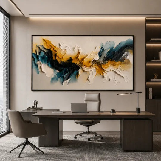 Gilded Fault Line – Navy and Gold Textured Abstract Wall Art#ip0921050