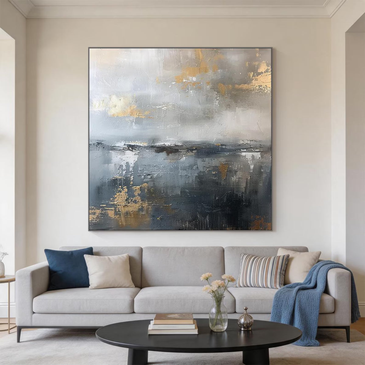 Gilded Stillness – Gray Blue and Gold Abstract Wall Art#ip0921080