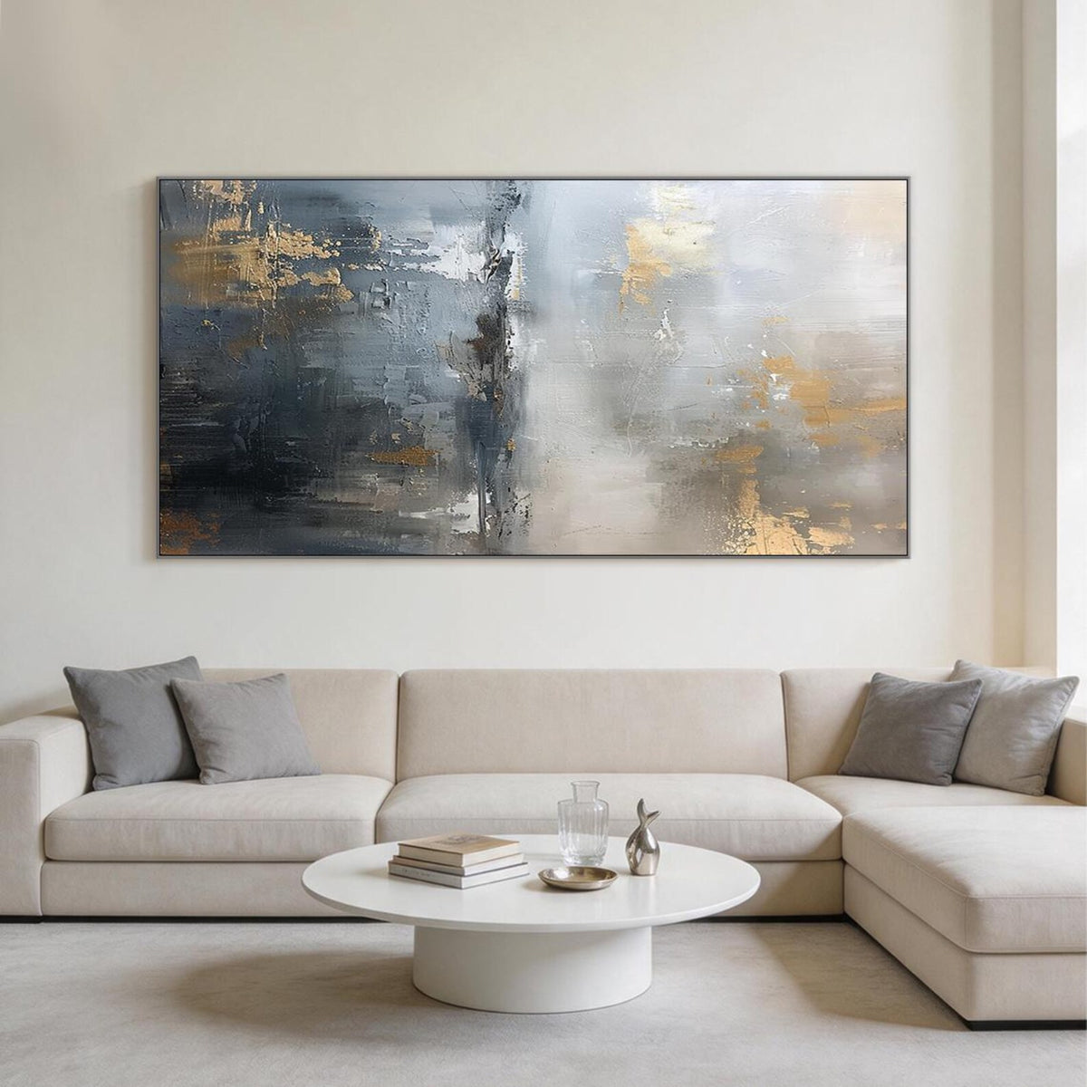 Gilded Stillness – Gray Blue and Gold Abstract Wall Art#ip0921080