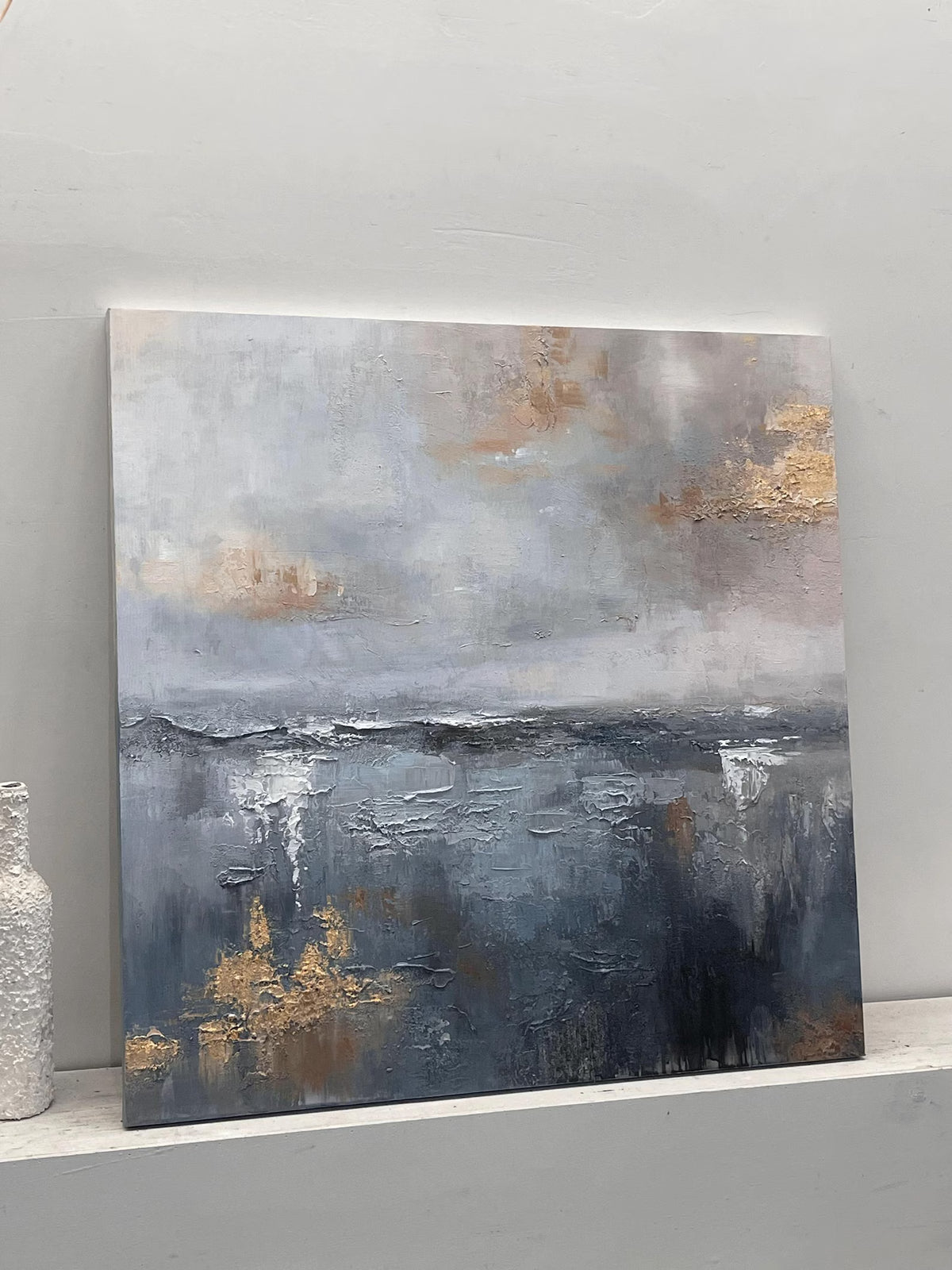Gilded Stillness – Gray Blue and Gold Abstract Wall Art#ip0921080